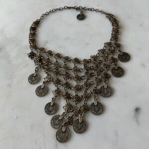 Silver Tribal Coin Statement Collar Necklace